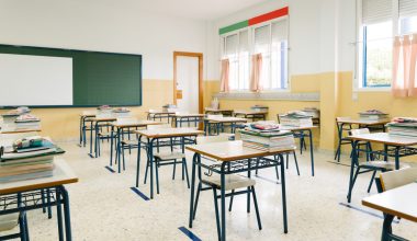 Empty school classroom. Back to school during the Covid pandemic.
